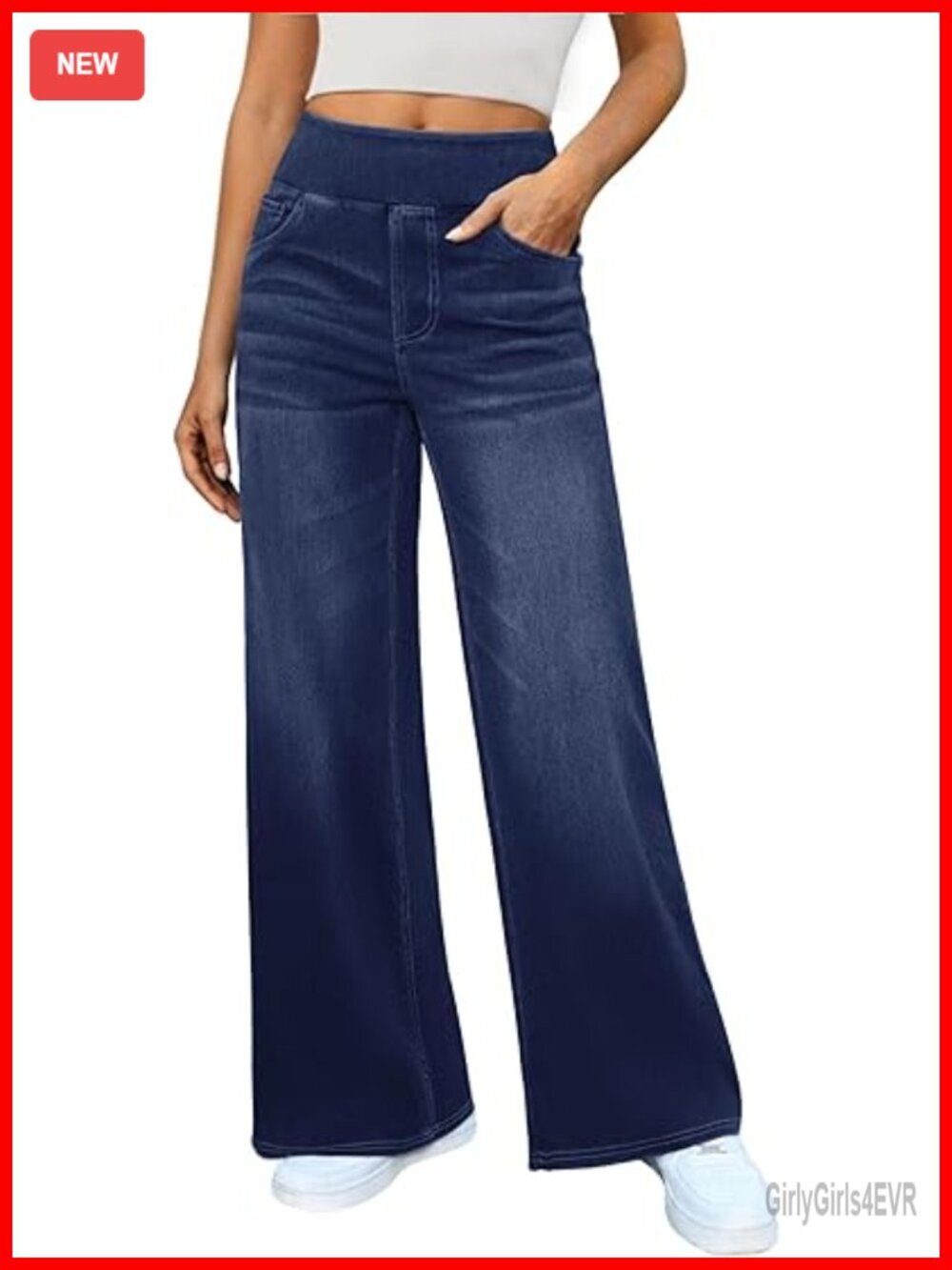 High Waisted Wide Leg Pull On Jeans with Pockets Stretchy Denim